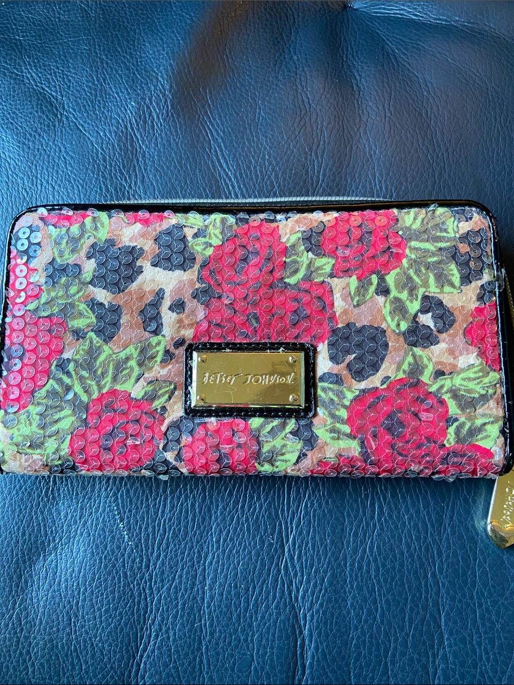 Betsey Johnson Red Rose Sequin Zip-Around Wallet